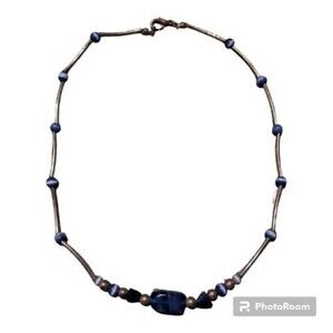 Silver Toned Necklace Blue Glass Bead Vintage 16"